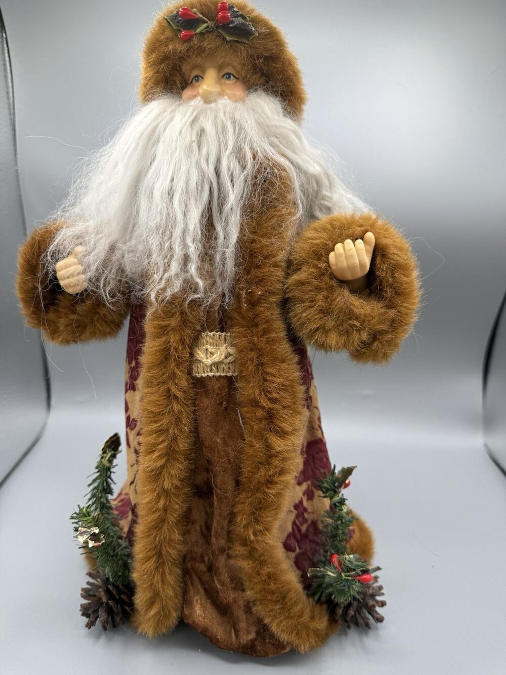 Vintage Victorian Father Christmas Santa Figure Floral Robe Faux Fur 14.5”